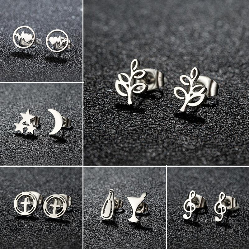 Tiny Star Moon Fashion Stud Earrings for Women Fashion Music Cross Leaf Cup Earings Stainless Steel Jewelry Pendientes Gift