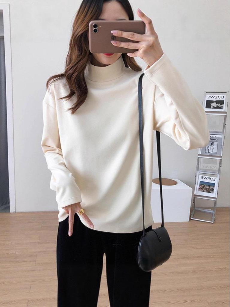 Women's Fashion Semi-High Neck Mid-Length Loose Long Sleeve Top - Autumn Base Layer T-Shirt