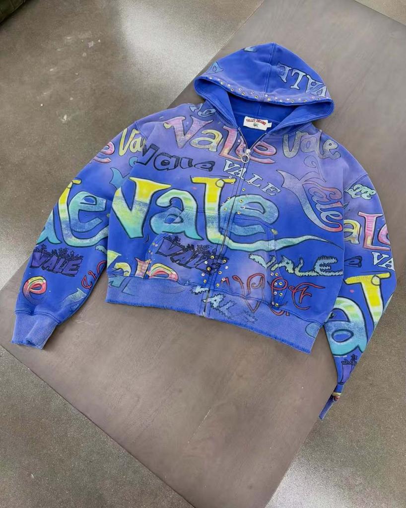 Evropská a americká 2025 American Graffiti Potisk Unisex Volná Ležérní Mikina na Zip Trendy Značka