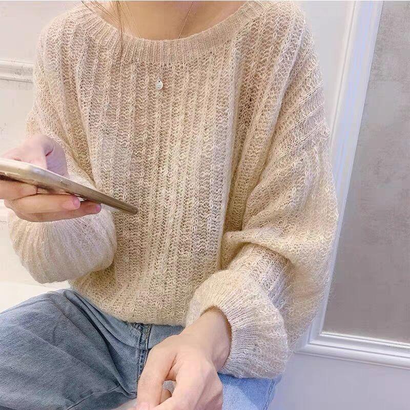 Spring and autumn new mohair V-neck loose lazy style knitted thin pullover hollow sweater top wear women