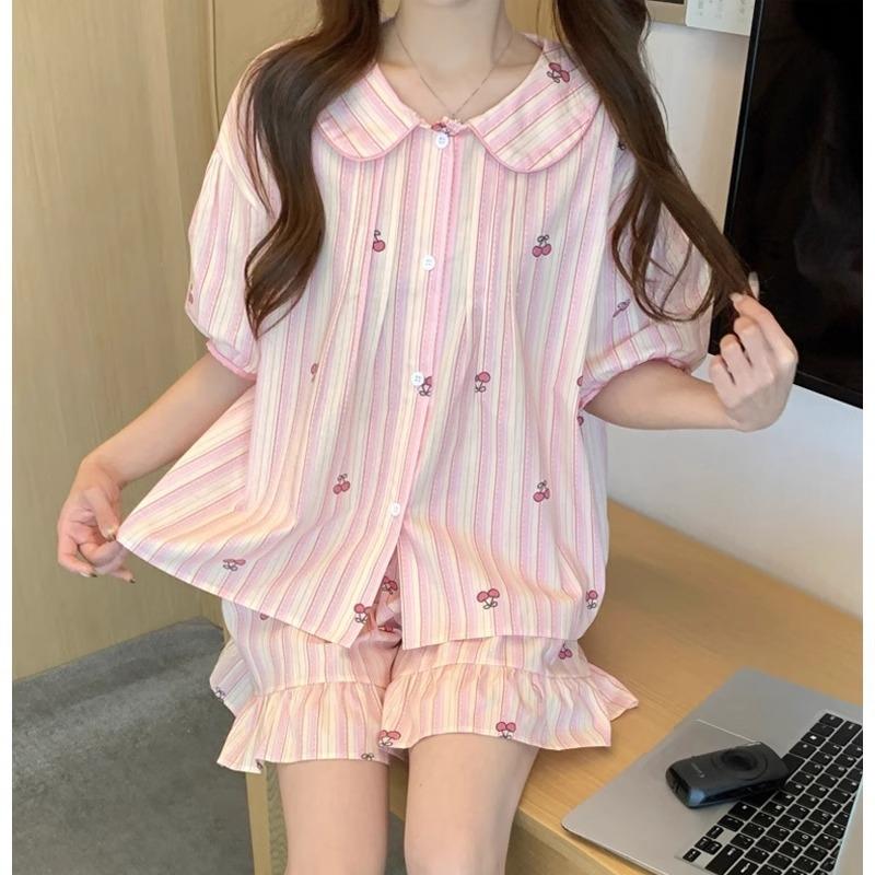 

Pink cherry pajamas women s summer new sweet doll collar short-sleeved shorts loungewear two-piece set XXL