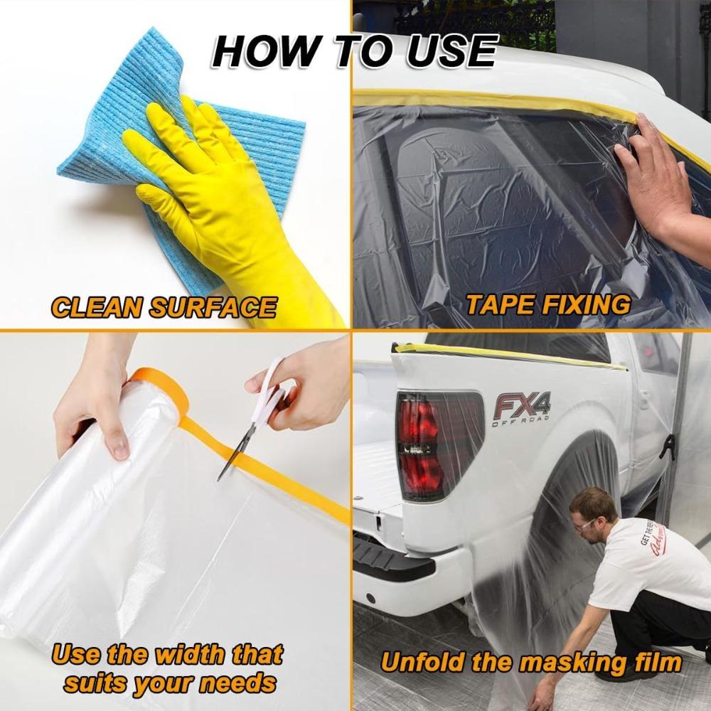Tape and Drape, Pre-Taped Masking Film, Paint Adhesive Protective Film Roll for Covering Skirting, Frames, Cars and Auto Body