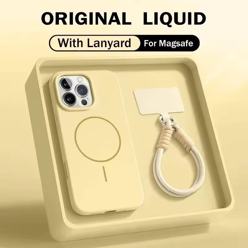 Liquid Silicone Wrist Strap Magnetic Case for iPhone 17 16 15 14 13 12 Pro Max Plus Candy Color Lanyard Shockproof Soft Cover