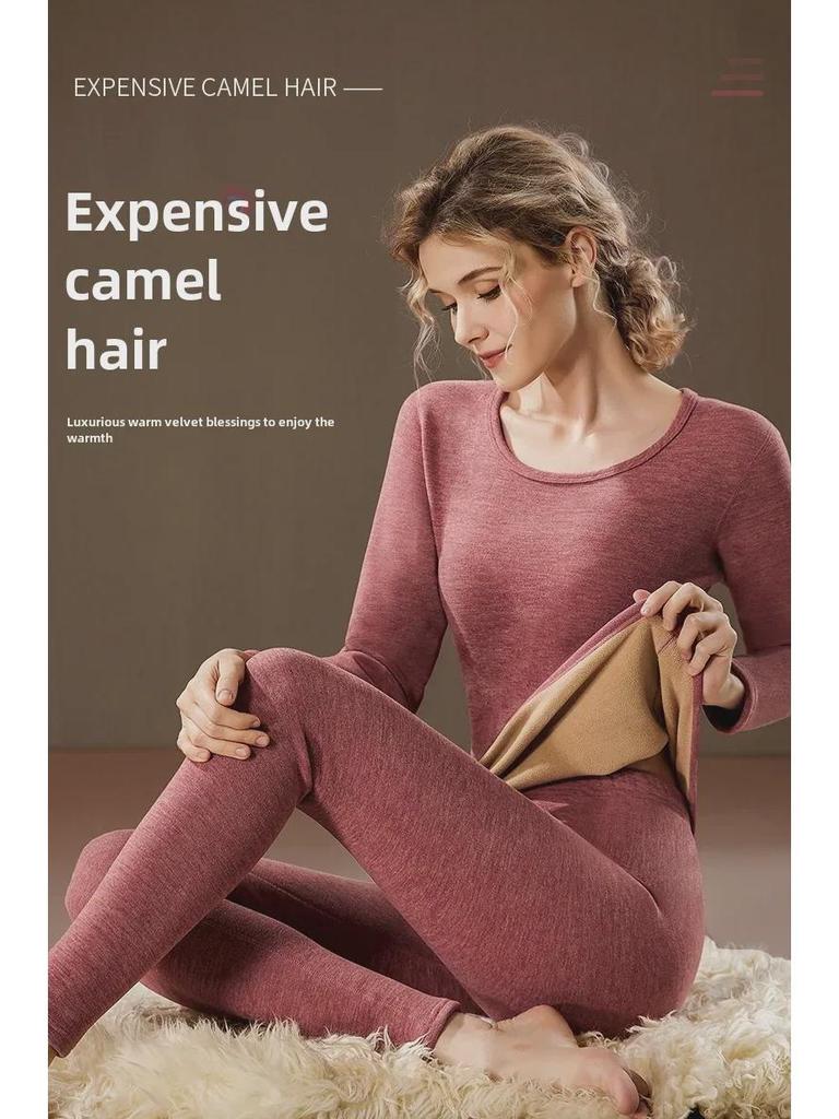 Women's 700g German Wool Lambskin Thermal Underwear Set: Velvet-Lined Double-Sided Top and Bottom for Autumn/Winter.