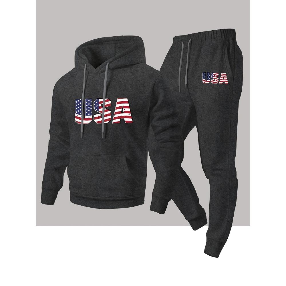 Autumn and Winter Men's Sports and Leisure Hooded Sweatshirt and Sweatpants Set 2 Pieces with Fashionable National Flag Print