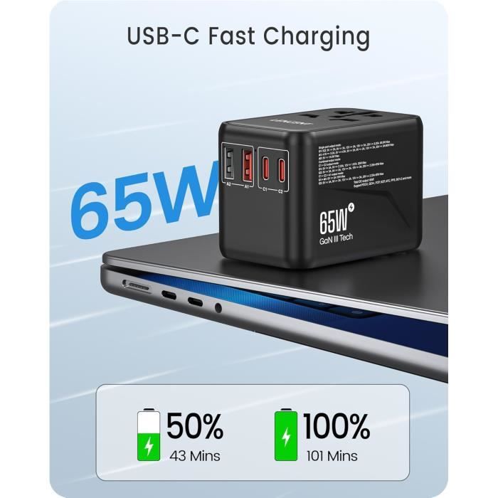 Adaptateur de voyage - lencent - gan3 65w - 2 usb-a qc4.0 - 2 usb-c pd3.0 - charge rapide