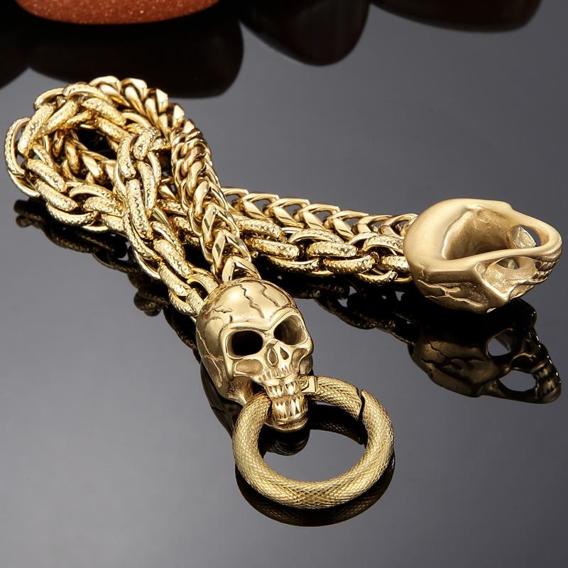 Cooles Skelett-Totenkopf-Armband für Männer aus poliertem Edelstahl, 13 mm breite Doppelgliederkette, Herrenarmbänder, Punk-Gothic-Schmuck