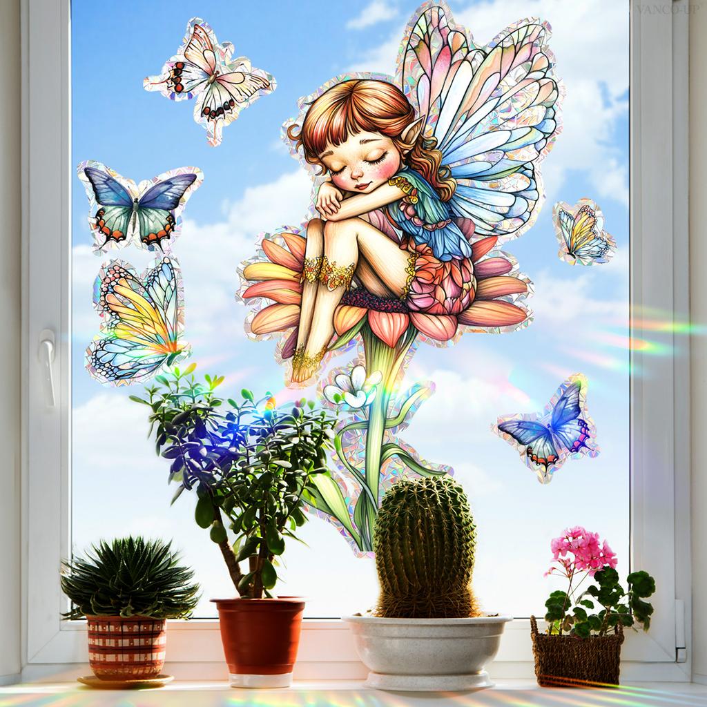 Xc6030 Schmetterlingsblumenfee Bunter Sonnensammler Fensteraufkleber Elektrostatischer Glasaufkleber Zweiseitiger Visueller Elektrostatischer Aufkleber