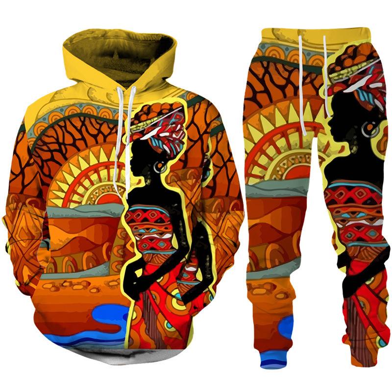 Frühling Herbst Sweatshirt Set 3D Druck Afrikanischen Ethnischen Stil männer Hoodie + Hosen Zwei Stück Lose Langarm Trainingsanzug kleidung