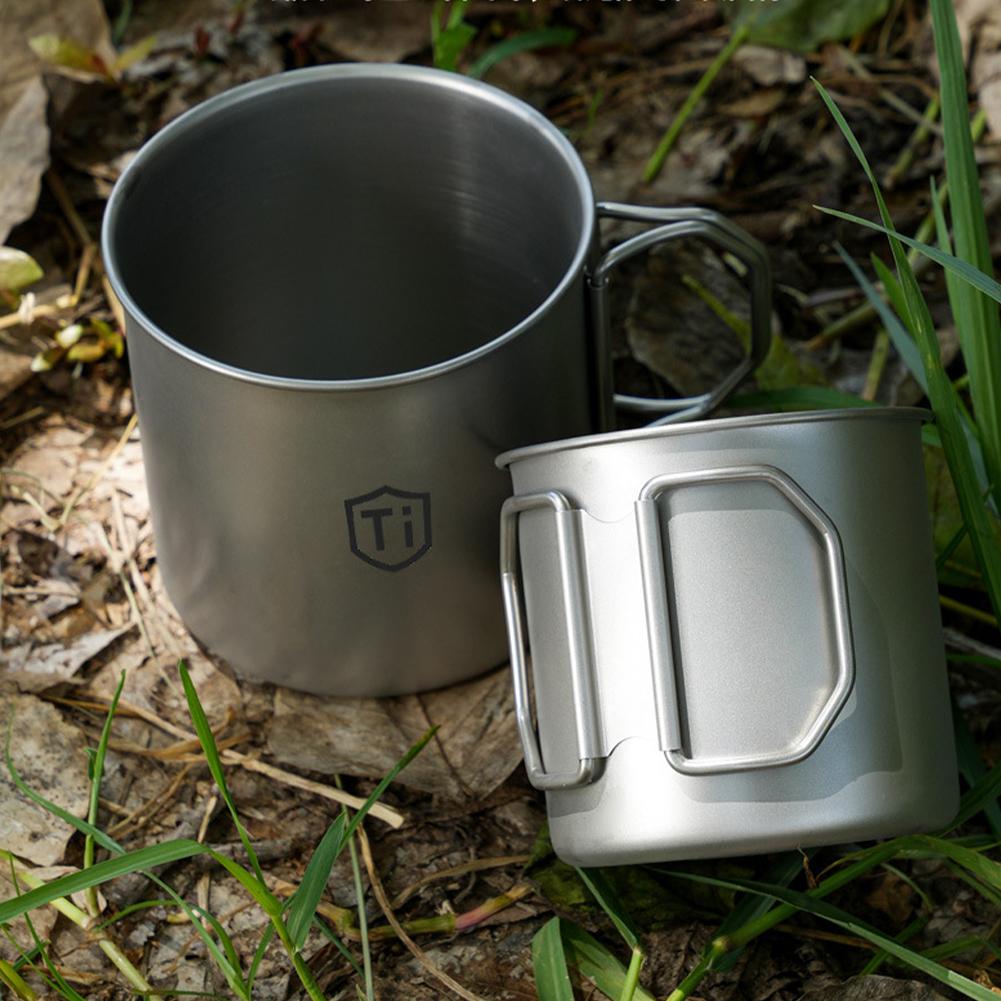 Ultralight Titanium Cup Water Cup Mug With Lid Foldable Handle Outdoor Portable Camping Picnic Beaker Coffee Cup Kitchen