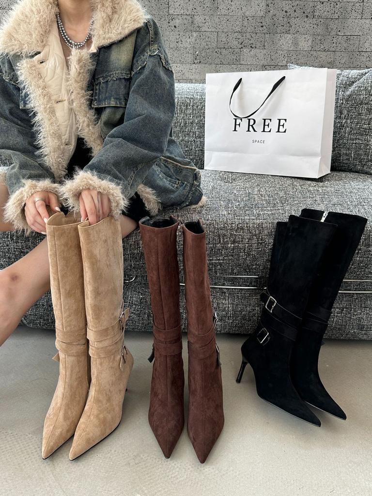 Pointed thin heel thin boots stacking boots 2025 belt buckle Korean version wrinkled high heel boots thin boots women