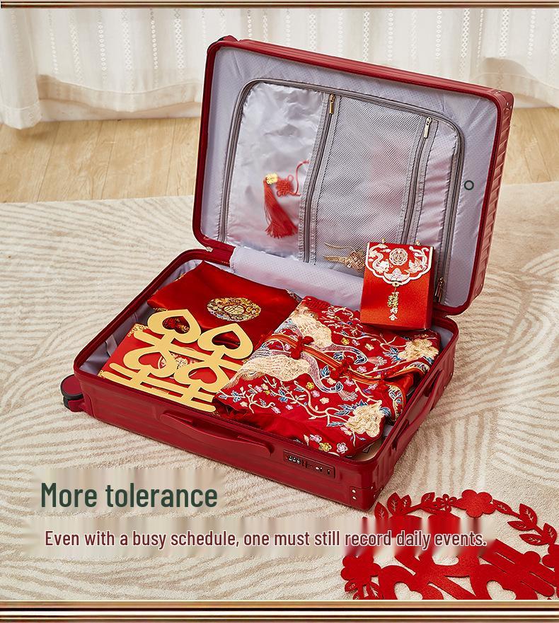 Red Wedding Dowry Suitcase: New Trolley Case for Brides & Grooms, with Password Lock and Leather Finish.