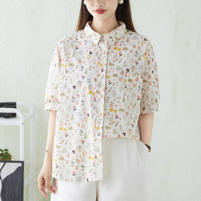 DIMANAF 2026 Plus Size New Summer Women Blouse Shirt Short Sleeve Beach Print Floral Casual Loose Cotton Lady Tops Tees Shirts