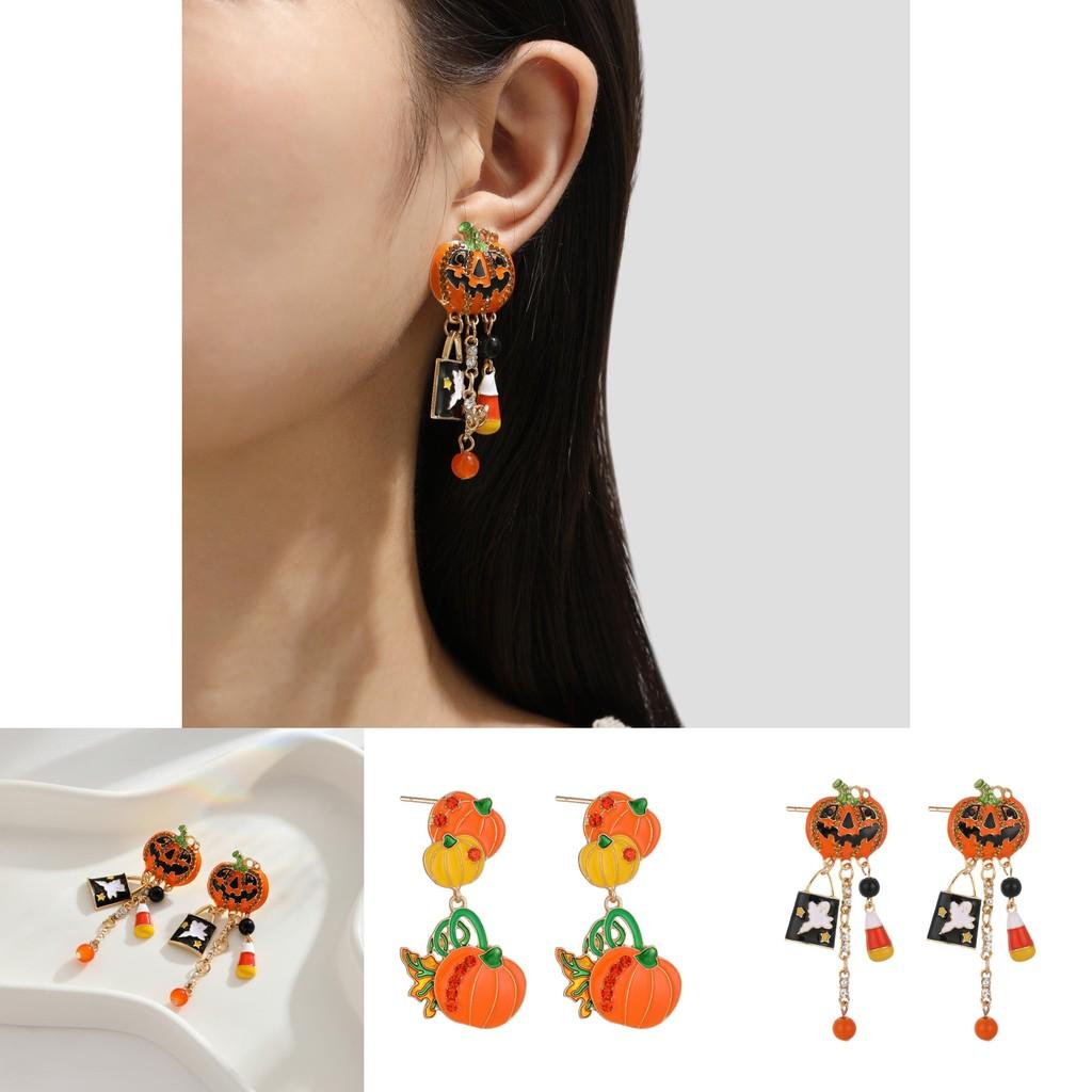 Fashionable Halloween Pumpkin And Skull Earrings With Eye-catching Zircon Details For Ladies