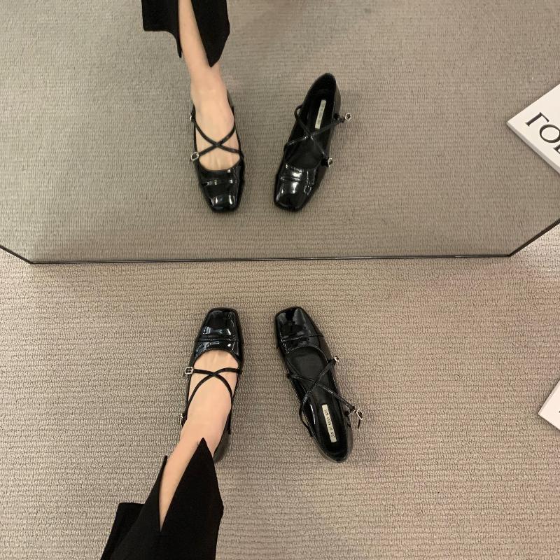 Women's Thick-heeled Cross Red Mary Jane Square-toe Single Shoes New Style for Spring 2025 Flat-soled Slipper Shoes