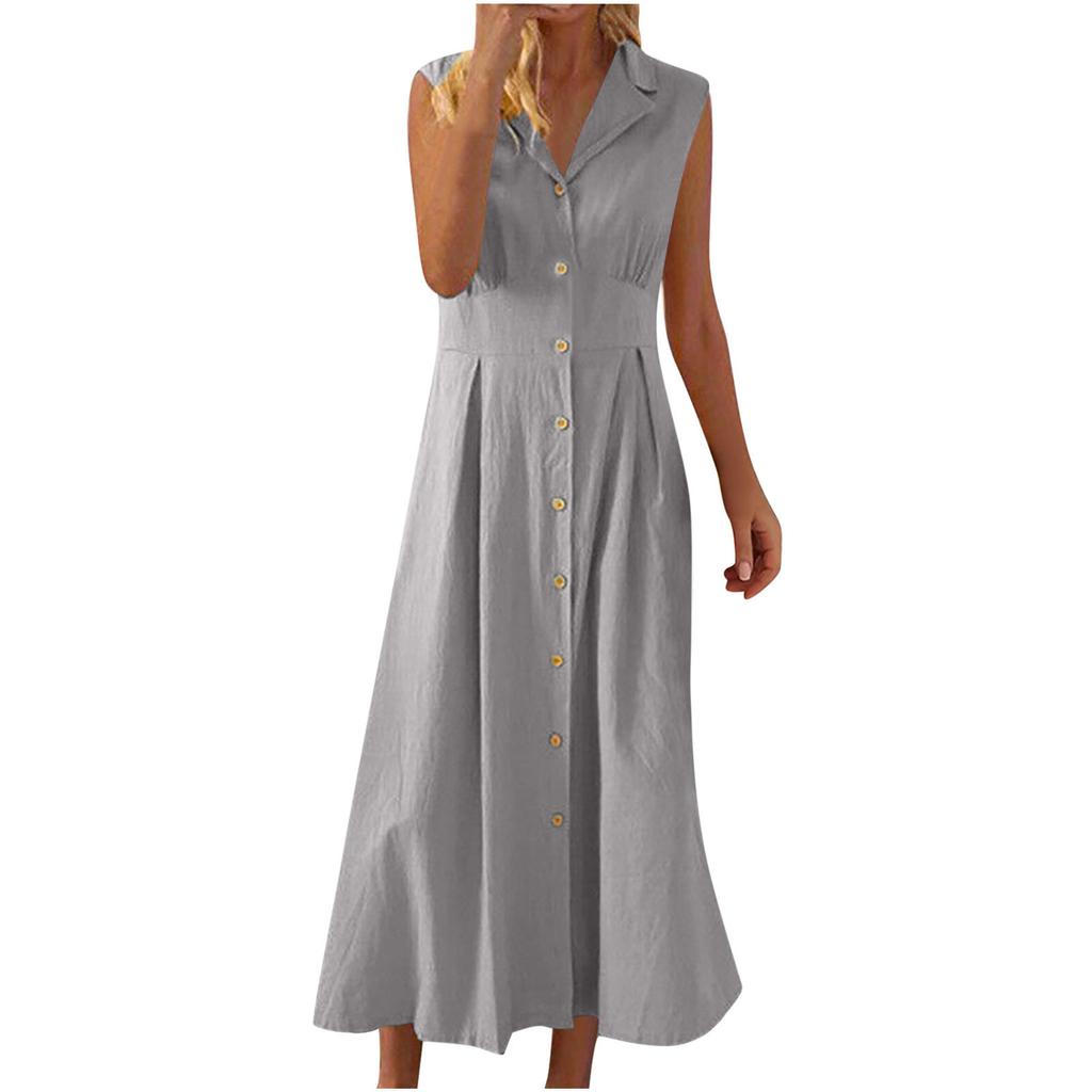 Cotton and linen dress, new suit collar, solid color button cotton and linen dress, dress.