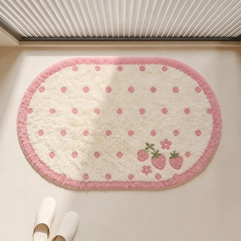 Cute Strawberry Non-Slip Bath Mat Soft Plush Absorbent Polka Dot Shower Rug for Bathroom Home