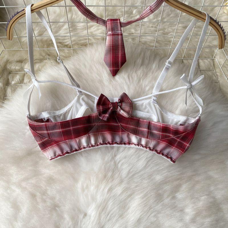 Cute Hollow Bra Plaid Miniskirt Roleplay Student Uniform Temptation Women Cosplay Schoolgirl Costumes Couples Sexy Home Clothing