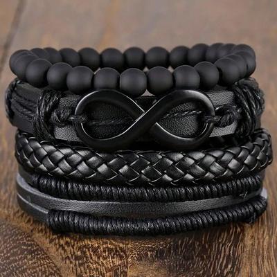 4 Stück Lässiges Vintage Leder Verstellbares Armband Set, Geeignet für Herren Alltagskleidung, Geburtstag, Party, Date, Geschenk