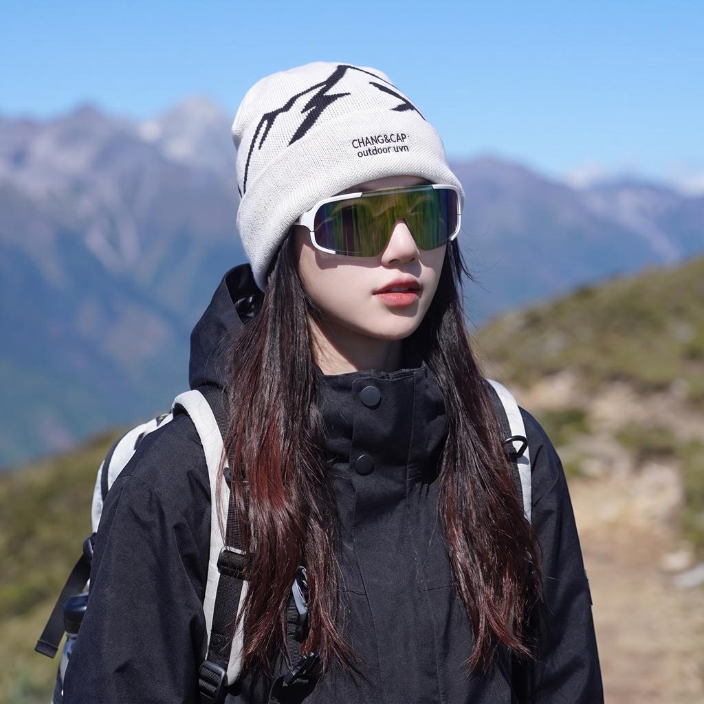 Outdoor mountaineering knitted hat showing the face small autumn and winter travel hat letter jacquard warm ear protector wool hat