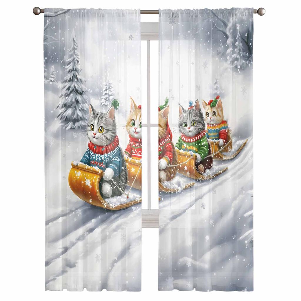 Skiing During Christmas And Winter Curtains For Living Room Bedroom Home Decoration Window Voile Tulle Curtain Drapes