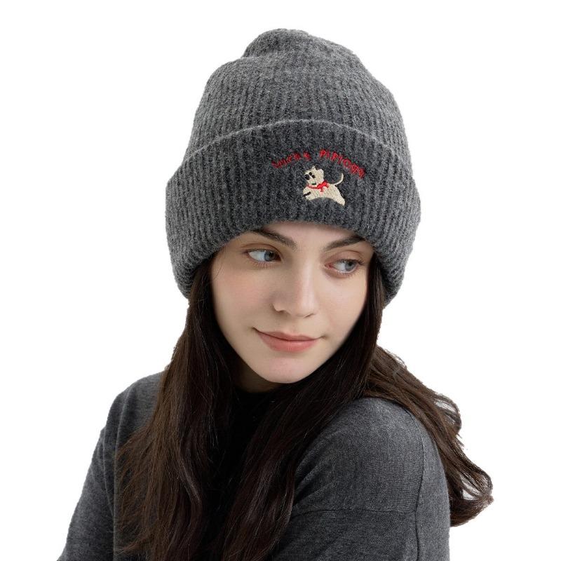Cute puppy embroidered knitted hat showing a small face Baotou ear protection hat thickened to keep warm men and women outside in autumn and winter