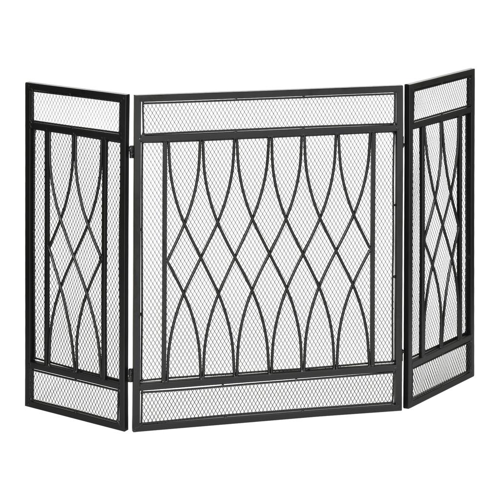 Schermo Pieghevole Metallico a 3 Pannelli per Camino 126cm Protezione Calore Fiamma Bambino Animale Domestico Casa Barriera Scintille Circondare con Motivo a Rete
