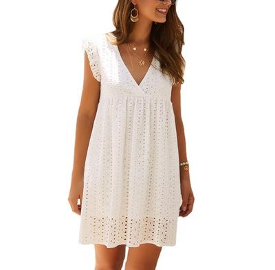 2023Summer New Women Casual Solid Sweet Princess Dress Hollow Out Sleeveless V-Neck Cotton Streetwear Ladies Party Mini Vestidos