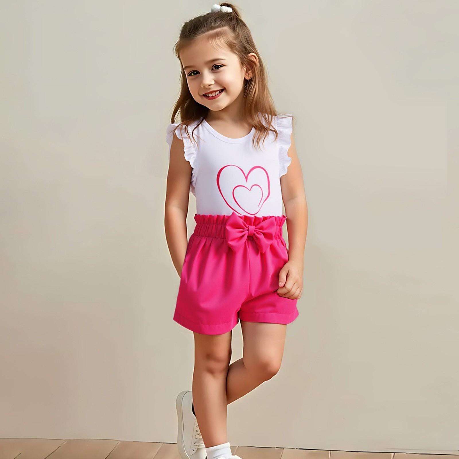 

Комплект для девочек с принтом сердечек - Футболка с рукавом и шорты с бантом 110