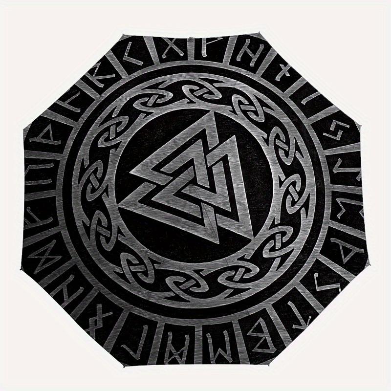 Valknut, Norse Automatic folding umbrella  simple eight rib design, bright color pattern, durable iron frame, ideal for travel and outdoor,