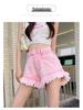 2025 Korean Style Pink Raw Hem Tassel Denim A-line Shorts for Women - Summer Street Style