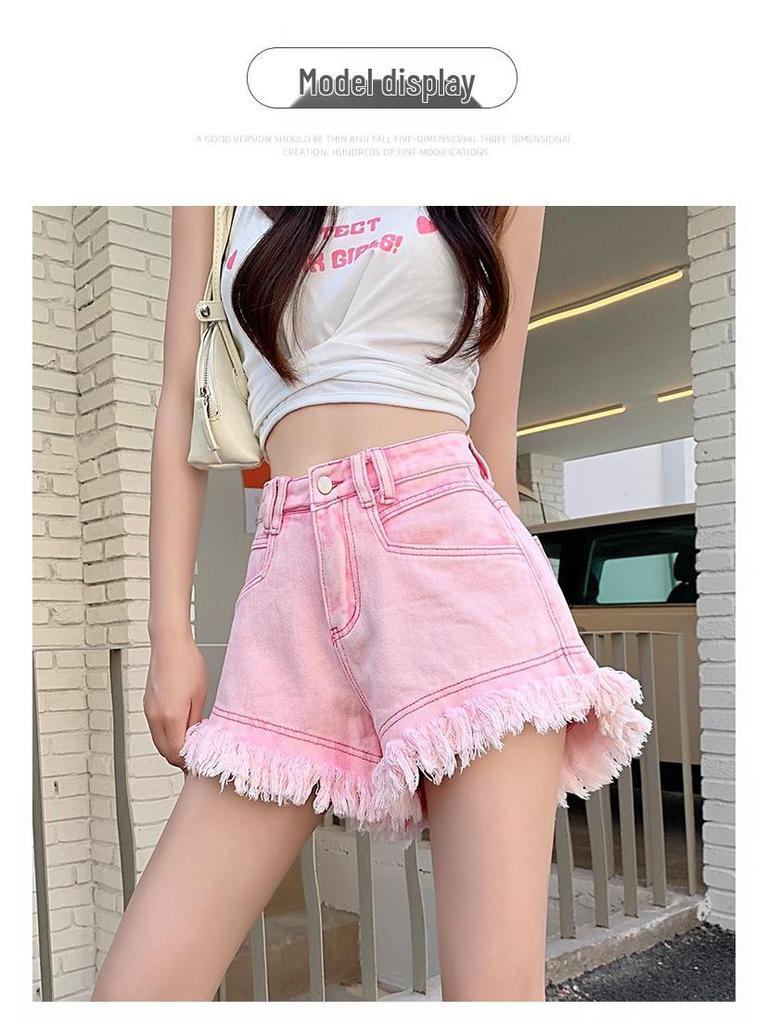 2025 Korean Style Pink Raw Hem Tassel Denim A-line Shorts for Women - Summer Street Style