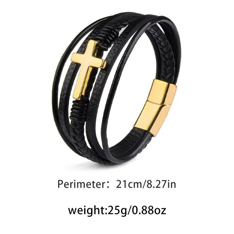 Punk Style Multilayer Leather Cross Stainless Steel Bracelet for Men Personality Hand Woven Magnet Buckle Bangle Hip Hop Jewelry
