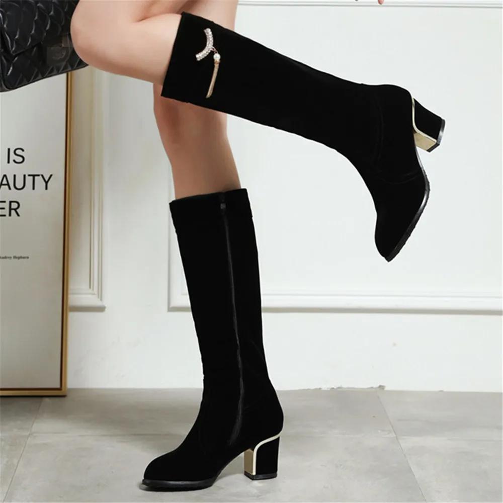Fashion New Knee High Boots Women Shoes Ladies Fashion High Heels Winter Party Tassel Thick Bottine Mujer Large Size 32-43 Red Black