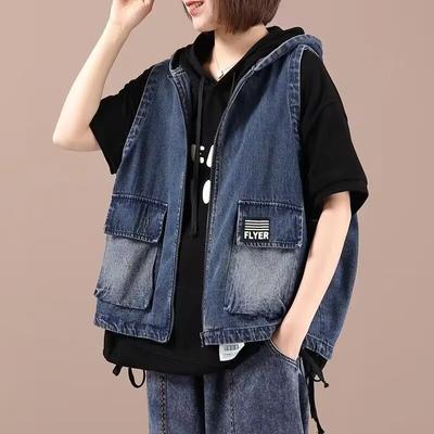Große, stilvolle Jeansweste für Damen, mit Kapuze für Frühling und Herbst, neue koreanische Version, lockere und künstlerische Freizeitweste, Jacke mit Reißverschluss für Damen