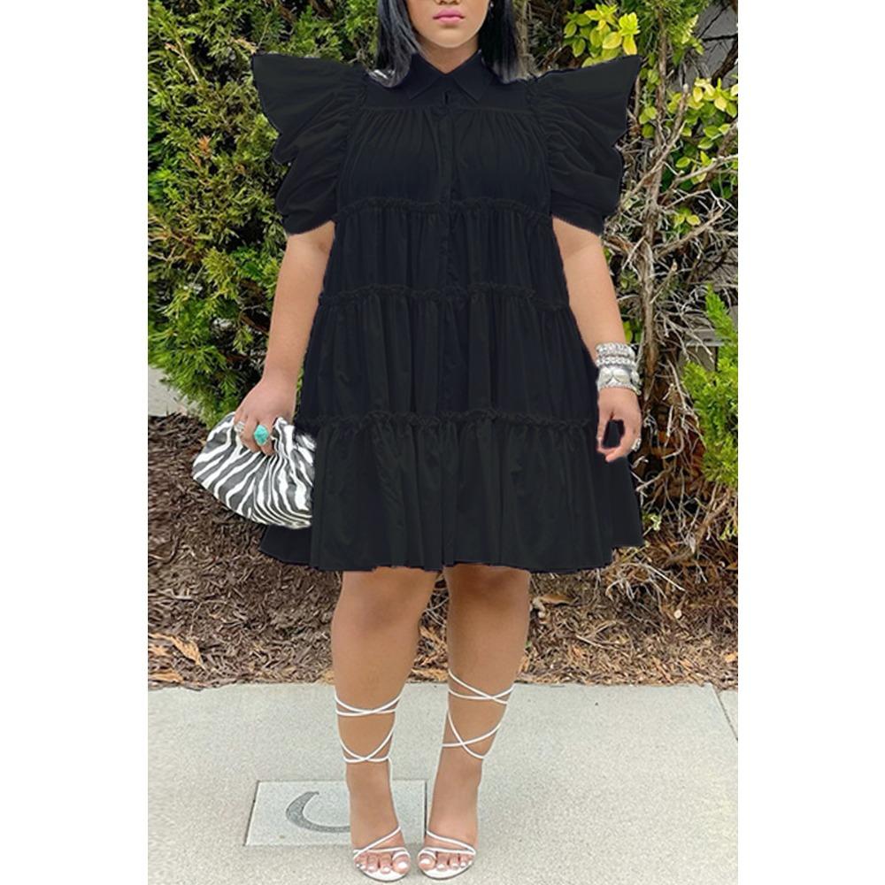 Women's Polo Collar Short Sleeve Loose Fit High Waist Sweet Mini Dress Shirt Dress Solid Cotton Ruffle Tiered Puff Sleeve Summer Casual Flared Dress