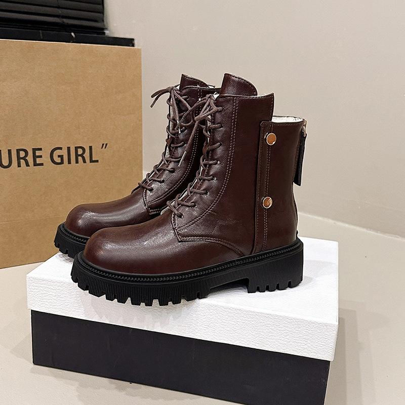 Platform Martin Boots Women's Shoes British Martin Boots 2025 Winter New Velvet Thermal Short Boots Large Size Leather Boots