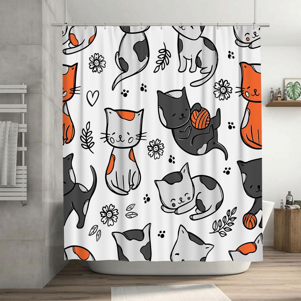 Creative Cat Shower Curtain Set Bathroom Decor with Cartoon Design for Kids Room or Pet Lovers Gift Decoration Ideas (White)