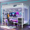 Loft Bed, 90*200 and 140*200, Iron Frame, Drawers, Shelves, Grid for Hanging Items, Desk, with 7-color LED Strip, USB Port, Without Mattress, White