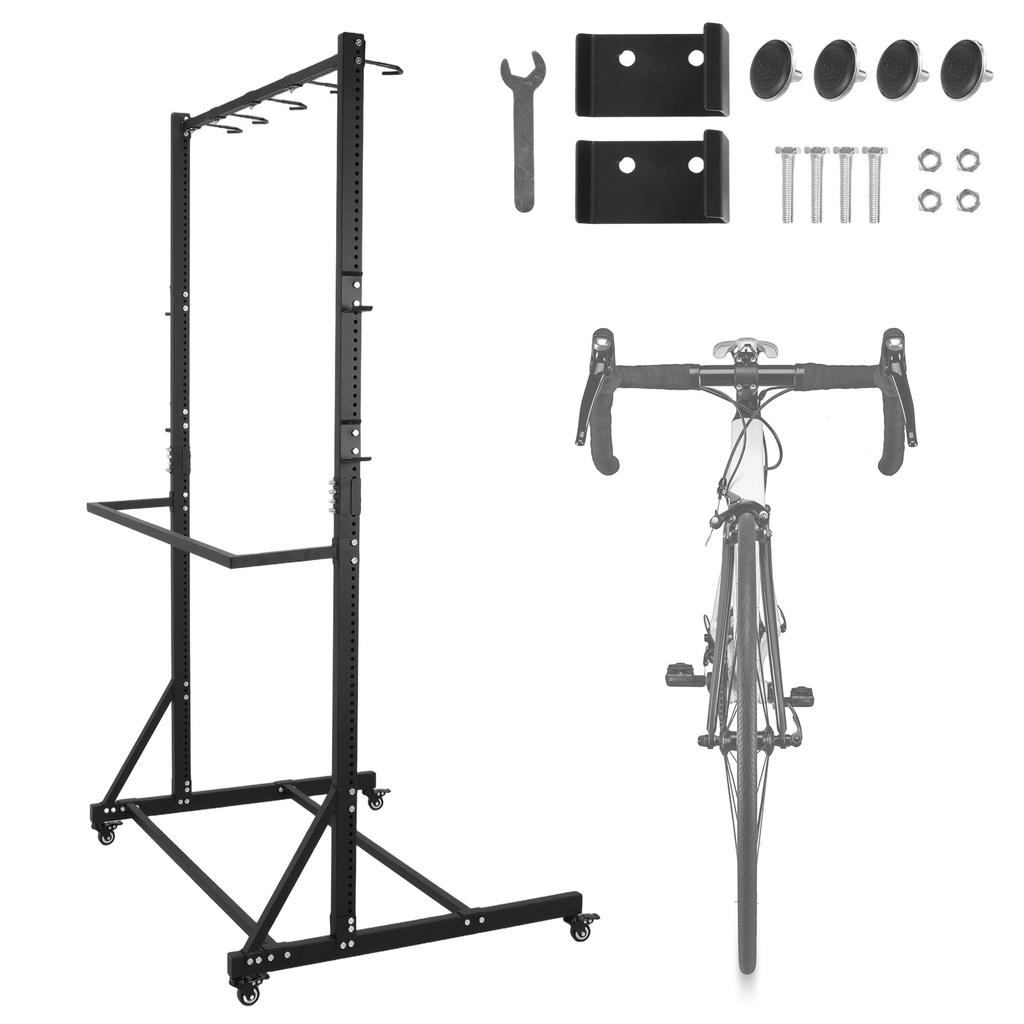 Floor Bike Storage Rack with Locking Casters & 6 Hooks Holds Up To 5 Bikes Height Adjustable for Garage Basement & Home