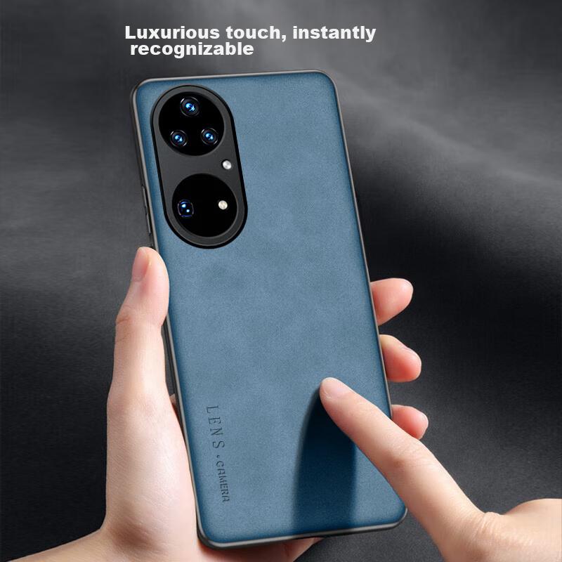 Phone Case for Huawei P50/P50E, Full Lens Protection, Silicone Soft Edge, Shockproof, Ultra-Thin, Simple And Stylish Leather Texture Case, Quiet Black
