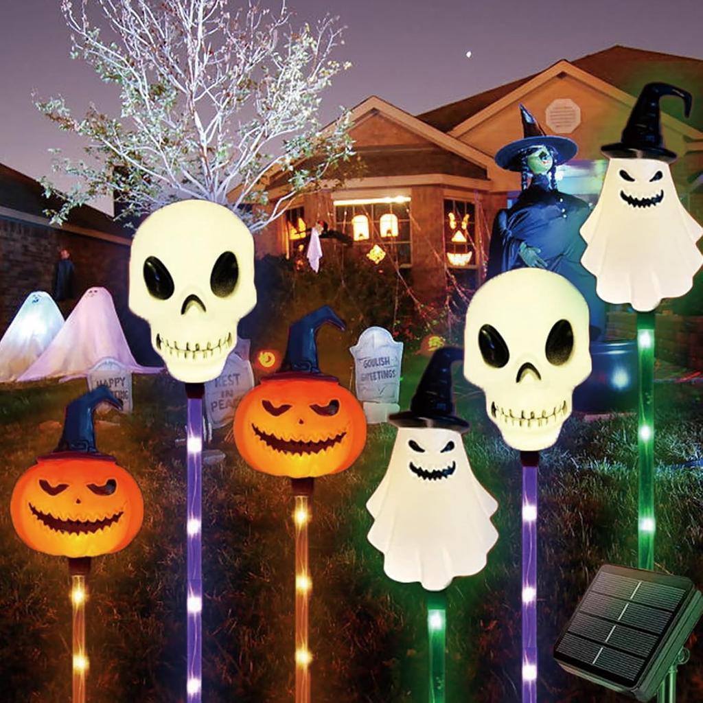 Halloween Garden Pumpkin and Ghost 8 Automatic LED Stylish Decor for Creating Garden Gift Lights, 6-Pack Lights, Solar-Powered, Modes, Outdoor,