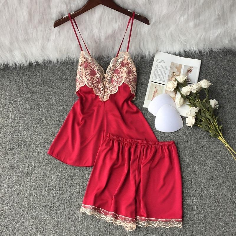 Pajamas Sexy Women's Ice Silk Suspender Shorts Two-piece Private Room Temptation White with Chest Pad Backless Summer Loungewear