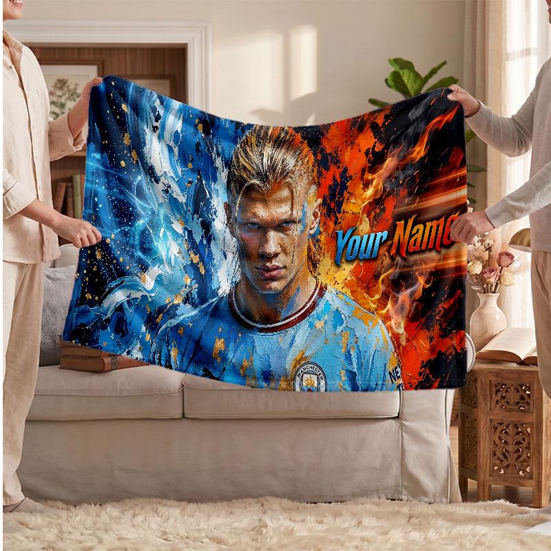 Erling Haaland Personalized Fleece Blanket With Football Logo, Custom Name Text Soft Warm Home Throw Blanket