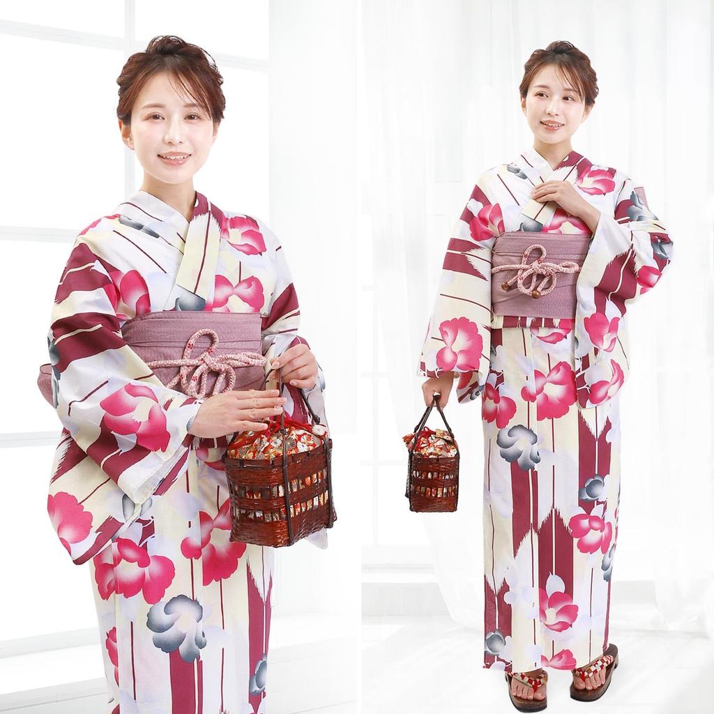 Fuuka Yukata Einheitsgröße Yagasuri Kamelie Wein Farbe Hergestellt in Wisteria X3310B255 Damen Zweiteiler, Alle, Muster, Muster, (Heko Obi, Japan, Farbe)