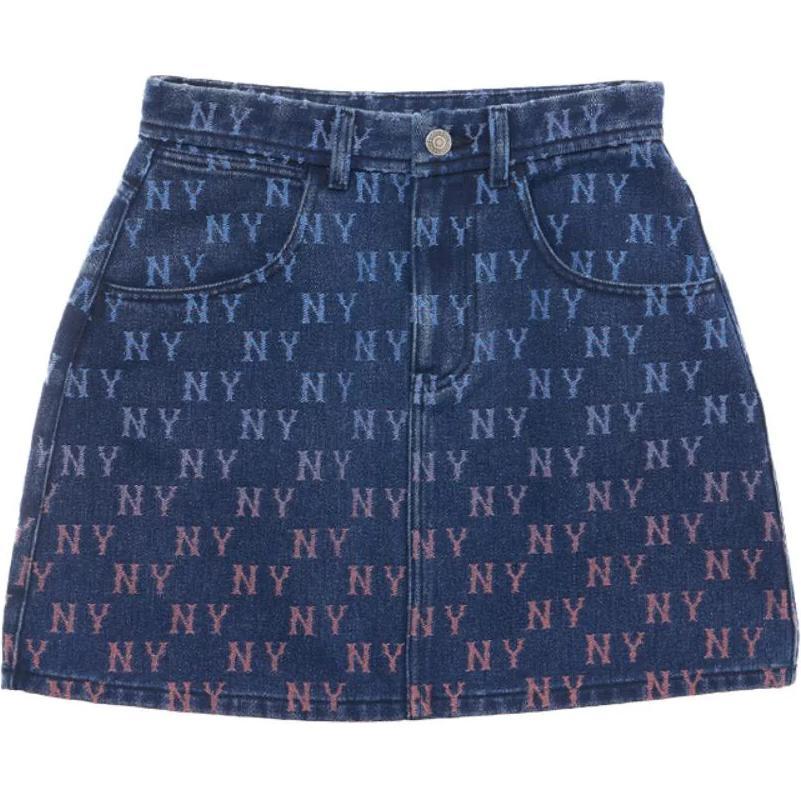 

New MLB New York Yankees Denim Gradation Jacquard Monogram New York Yankees Denim Denim Short Skirts Women s Blue 3FDSM0144-50INS M