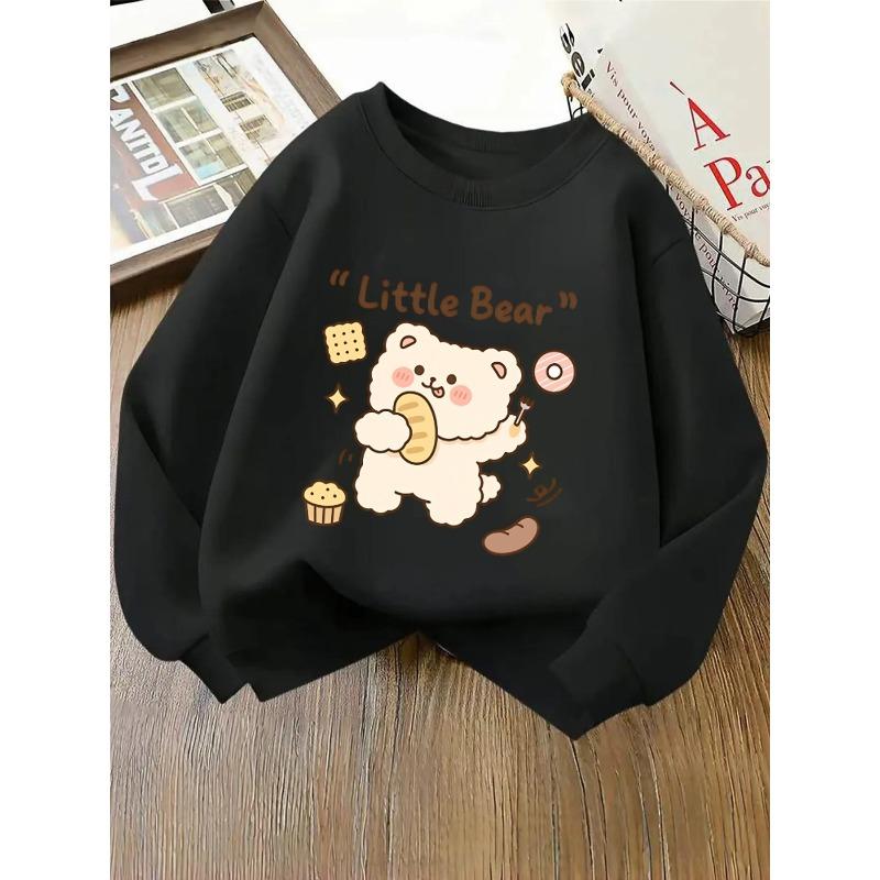 European sizes Kids' Crewneck Sweatshirt - Cute Bear Holding Bread And Fork , Sportswear And Casual Wear, Soft And Comfortable, Children's Clothing