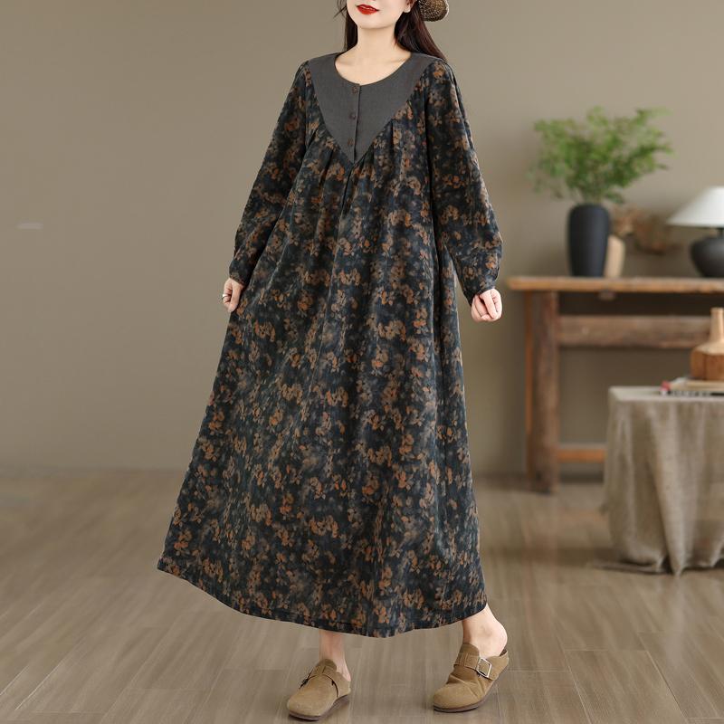 DIMANAF Women Plus Size Autumn Long Sleeve Vintage Dress Floral Loose Casual Oversize Maxi Cotton Linen Dress 2025