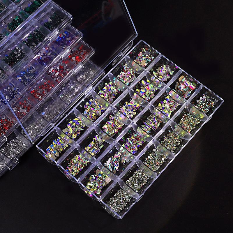 24 Gitter/Box Nagel-Diamant-Schmuckset für Nagel-Kunst-Dekorationen, Nagel-Flachboden-Bohrer, Nagel-Kunst-Strass und Dekoration