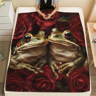 Frog and Flowers Pattern Flannel Blanket, High Quality Comfortable for All Seasons, Home Decor, Warmth and Comfort, Perfect for Gifts.